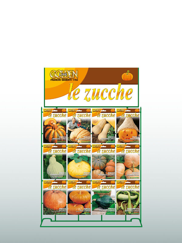 Espositore Golden Line Franchi Sementi con cartello dedicato per buste Golden Line / le Zucche.