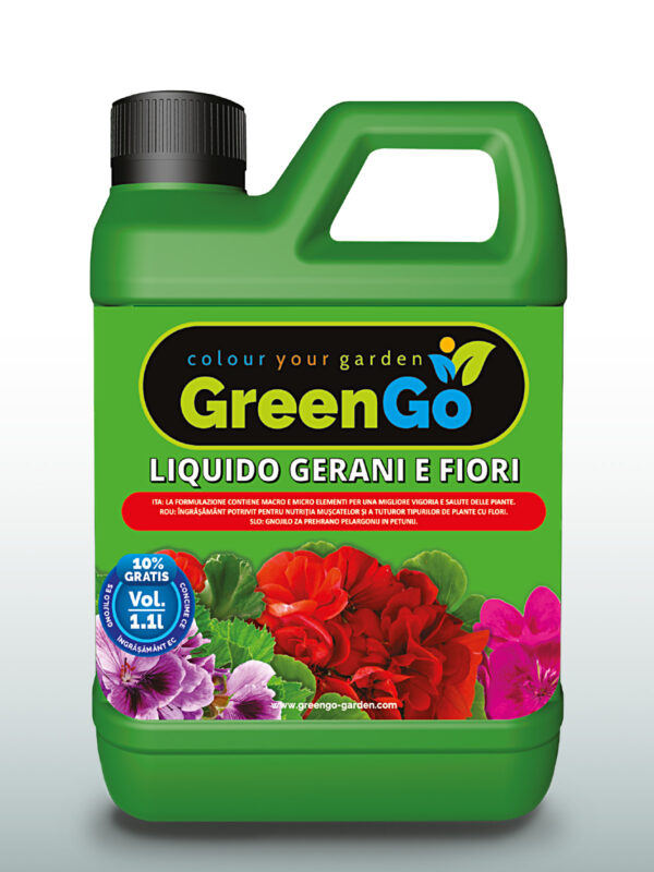 GreenGo concime liquido per gerani e piante fiorite.
