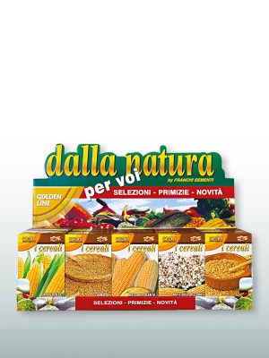 Espositore Franchi Sementi per scatolette di sementi di cereali.