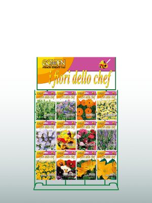 Espositore Golden Line Franchi Sementi con cartello dedicato per buste Golden Line / i Fiori dello Chef.