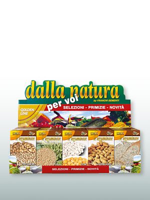 Espositore Franchi Sementi per scatolette di sementi di legumi. Arachide, Cece, Cicerchia, Lenticchie, Lupino, Soia.