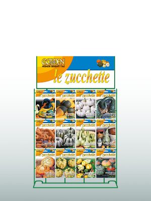 Espositore Golden Line Franchi Sementi con cartello dedicato per buste Golden Line / le Zucchette Ornamentali.
