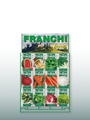 Espositore da banco Franchi Sementi con 12 ganci per buste con foro europeo e cartello personalizzabile.